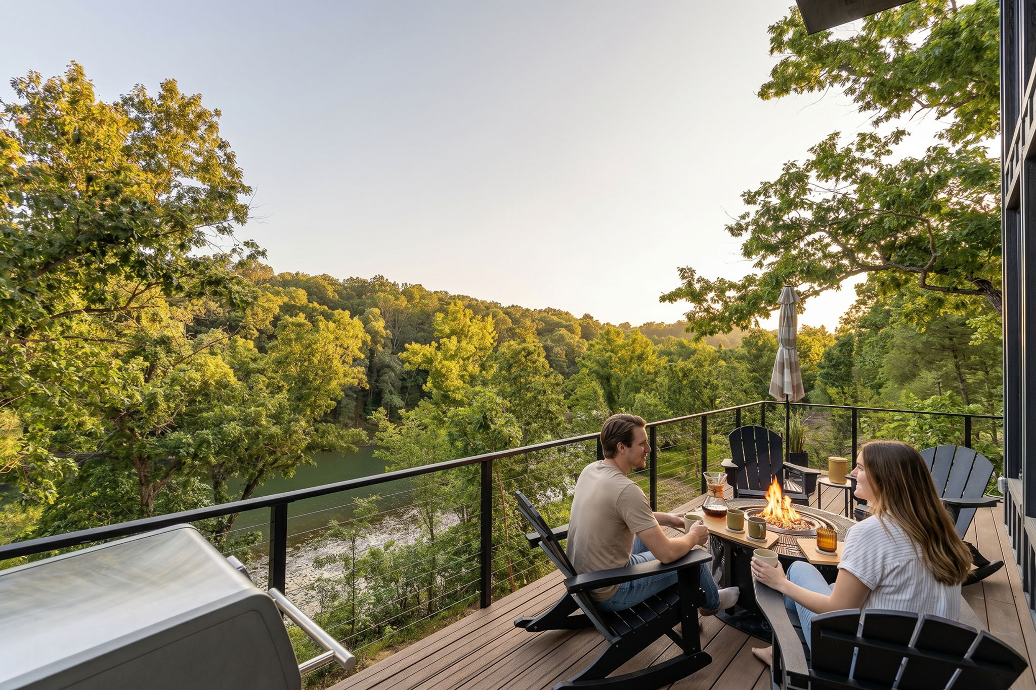 After — AI Lifestyle photo of the lakeview deck at golden hour with guests
