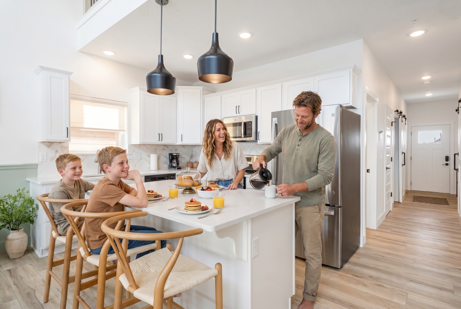 AI Lifestyle photo: family enjoying breakfast in a short-term rental kitchen