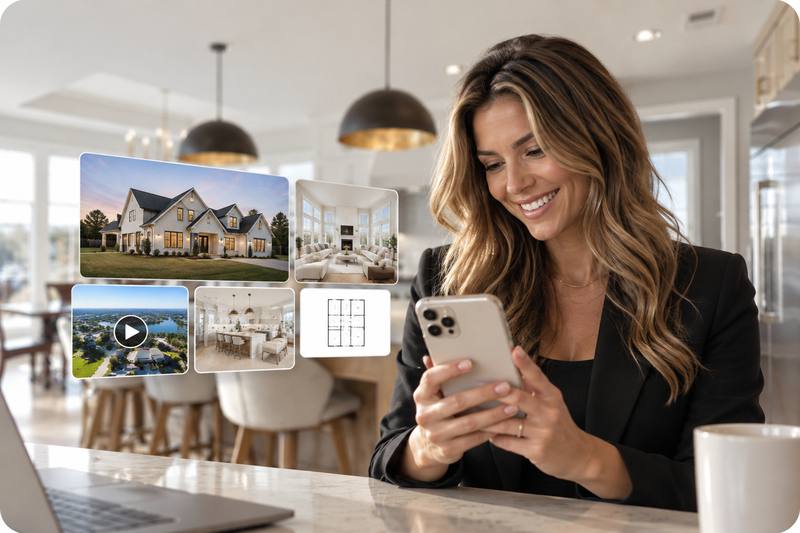 An agent reviewing her listing photos, video and floor plan on her phone