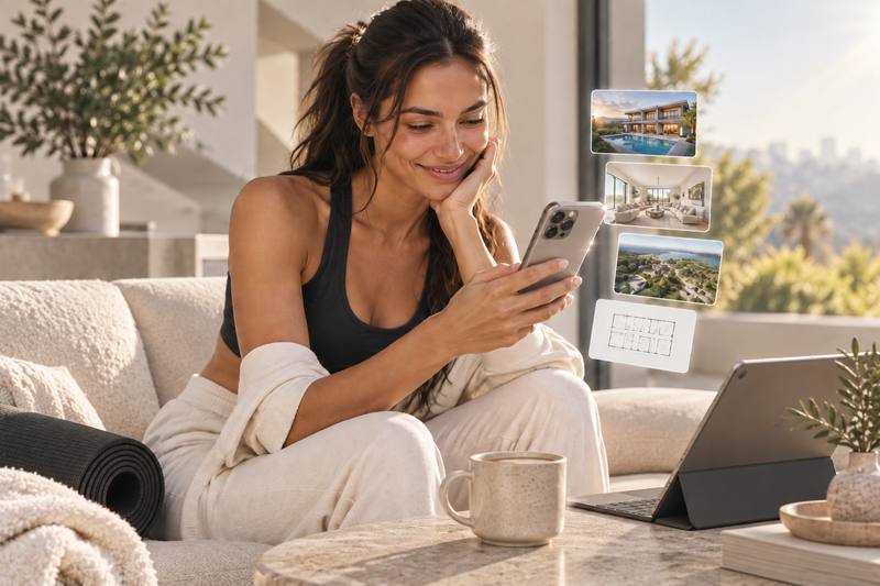 An agent at home the next morning, reviewing her finished listing media on her phone